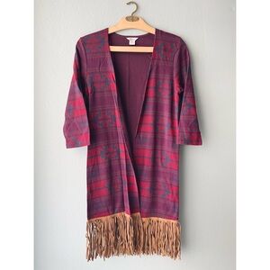 🦞3/$30🦞 Ariat | Western Maroon Tapestry-Print Faux Leather Fringe Cardigan